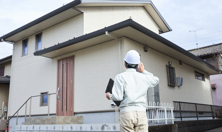 一戸建ての外観を確認している様子